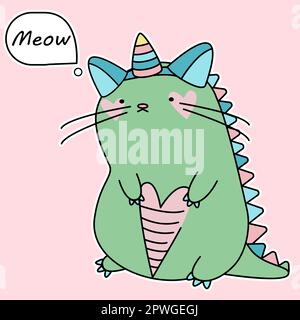 DinoCorn, Dinosaurier-Einhorn, süßer Zeichentrickdrache, Dinosaurier-Einhorn-Sticker, MEOW, Einhorn oder von Hand gezeichneter Vektor des Dinosauriers Stock Vektor