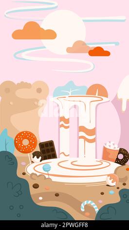 Süße Süßigkeiten in der Landschaft. Bergbär. Kondensierte Milch, Küste mit Keksen, Eis, Cupcake, Donut. Hintergrund, Bild, Postkarte Stock Vektor