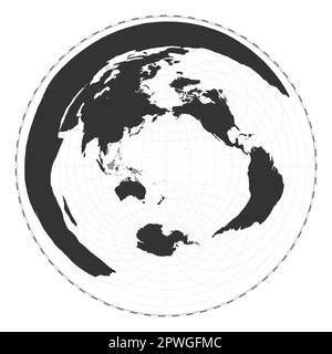 Vector-Weltkarte. Azimutale äquidistante Projektion. Geografische Karte mit Breiten- und Längengraden. Zentriert auf 180deg Längengrad. Vect Stock Vektor