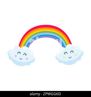 Regenbogen über fröhlichen Wolken, Vektorbild. Süße Wolken- und Sonnenkartoon-Figur isoliert auf weißem Hintergrund Stock Vektor