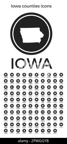 Iowa County Ikonen. Schwarze runde Logos mit Karten und Titeln der US-Bundesstaaten. Vektordarstellung. Stock Vektor