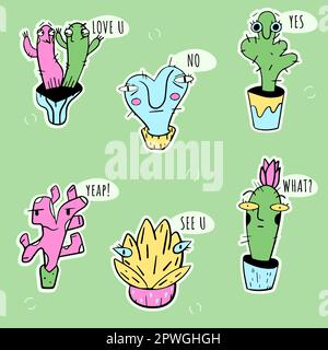 Setzen Sie Aufkleber mit süßem Kaktus in Blumentopf. Sammlung von Wüstenpflanzen isoliert. Sukkulenten mit lustigen Gesichtern. Kawaii Kaktus Stock Vektor