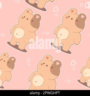 14. Februar süßes, nahtloses Muster. Süßes Teddybärenmuster und pinkfarbene Herzen. Kawaii-Hintergrund.Vektordarstellung Stock Vektor