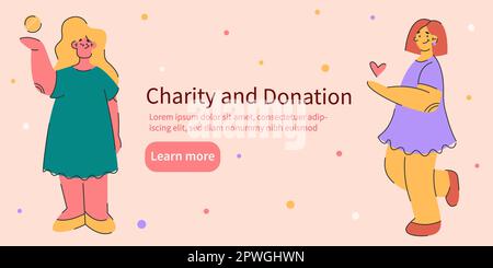 Spende und Wohltätigkeitskonzept.Webbanner,Karte,Infografik.zwei Mädchen spenden Geld und Liebe. Einfache flache Vektordarstellung Stock Vektor
