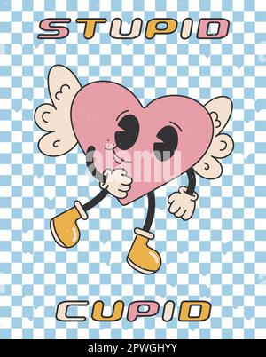 Dumme cupid.bright groovy Poster 70s. Retro- und Vintage-Muster mit Grunge-Struktur. Karte zum valentinstag. Y2K. Vektor flach Stock Vektor