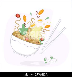Ramen-Nudeln.Nudeln mit Eiern und Gemüse.Schale mit Ramen.Vektor Abbildung des Logo-Symbols.Karte,Banner,Druck.Vektor Stock Vektor