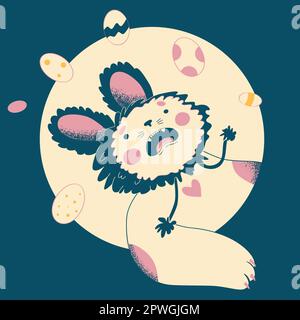 Niedlicher, lustiger Katzenhase. Katze mit Kaninchenohr und ostereiern. Postkarte, Druck, Banner osterhase, Hase. Vektordarstellung Stock Vektor