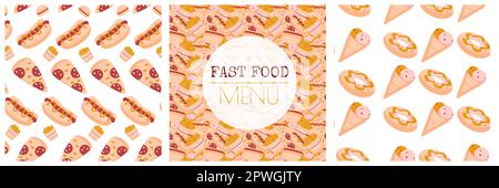 Muster mit Fast Food. Hintergrund für Speisekarte, Druck, Verpackung. Vektordarstellung mit leuchtenden Mustern Stock Vektor