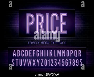 Preis Nachtlichtbox, besonders leuchtender Effekt, schmale Schrift mit Zahlen auf dunklem Backsteinhintergrund. Vektorviolett Neon-Kästchen-Alphabet Stock Vektor