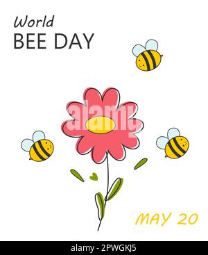 Vektorvorlage für den Weltbienentag. Bienen über einer Blume mit schwarzem Strich. Bienen sammeln Nektar. Vektor Stock Vektor