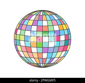 Discoball im Retro-Stil. Vintage Hippie Cartoon farbenfroher Diskothek-Kugelaufkleber mit Spiegeleffekt. Hippy Style trendy Y2K flippige, isolierte Eeps-Illustration Stock Vektor