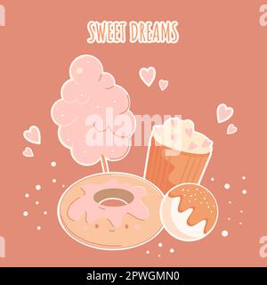 Vektorbild für Postkarte, süße Träume Nachricht. Mit Donut, Zuckerwatte, Cupcake, Eis. Lustiger süßer Aufdruck Stock Vektor