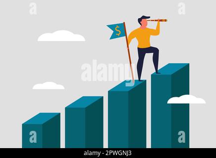 Vision im Geschäftsleben steht ein Mann mit einer Flagge auf einem Diagramm und sagt die finanzielle Zukunft voraus. Motivation für Erfolg, Geschäftsziel und selbstbewusster Schritt Stock Vektor