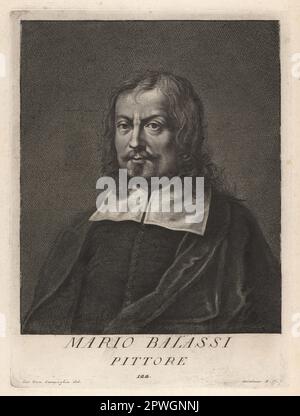 Mario Balassi, italienischer Maler der Barockzeit, 1604-1667. Arbeitete in Wien, Prato, Florenz und Rom. Pittore. Kupferplatten-Gravur von Girolamo Rossi nach Giovanni Domenico Campiglia nach einem Selbstportrait des Künstlers aus Francesco Moucke's Museo Florentino (Museum Florentinum), Serie di Ritratti de Pittori (Serie von Maler-Porträts) stamperia Mouckiana, Florenz, 1752-62. Stockfoto