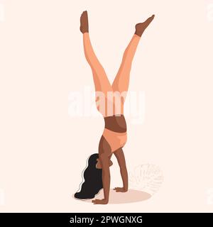 Wunderschönes Mädchen, das Yoga macht.Handstand Pose.Adho mukha vrikshasana.Beige Farben.Post,Print.Moderne flache Vektordarstellung. Stock Vektor