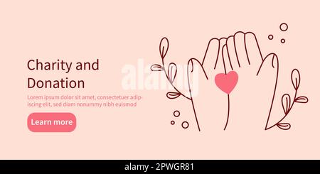 Spende und Wohltätigkeitskonzept.Webbanner,Karte,Infografik.zwei Hände halten ein Herz.einfache flache Vektordarstellung Stock Vektor