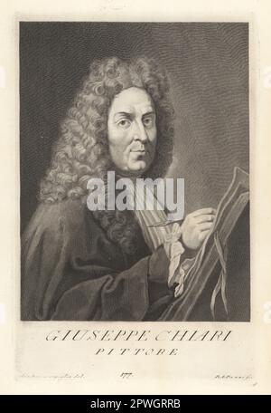 Giuseppe Bartolomeo Chiari, italienischer Maler der spätbarocken Zeit, 1654-1727. Hauptsächlich in Rom aktiv. In Perückenpulver mit Pinsel und Leinwand. Giuseppe Chiari, Pittore. Copperplate-Gravur von Pietro Antonio Pazzi nach Giovanni Domenico Campiglia nach einem Selbstportrait des Künstlers aus Francesco Moucke's Museo Florentino (Museum Florentinum), Serie di Ritratti de Pittori (Serie von Maler-Porträts) stamperia Mouckiana, Florenz, 1752-62. Stockfoto