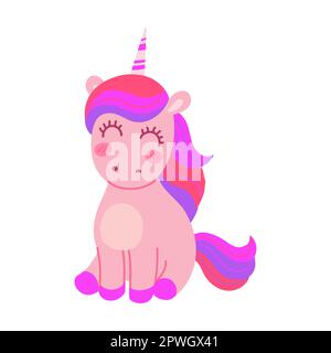Cartoon niedliches Einhorn, das glücklich sitzt. Vektordarstellung eines zauberhaften pinkfarbenen Tieres mit Flügeln und Horn isoliert auf Weiß Stock Vektor