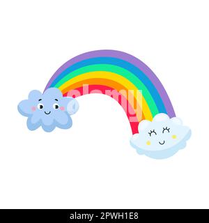 Regenbogenform mit Wolken am Ende, Vektordarstellung. Süße Wolken- und Sonnenkartoon-Figur isoliert auf weißem Hintergrund Stock Vektor