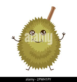 Stachelige Durianfrucht. Süße Cartoon-Frucht mit lustiger Gesichtszeichnung. Fröhliche und komische tropische Beeren, Essen isoliert auf weißem Hintergrund Stock Vektor