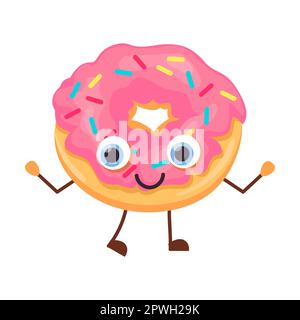 Himbeerdonuts. Cartoon süße Dessertfigur. Vektordarstellung von süßem Essen mit Kawaii-Gesicht isoliert auf weiß. Bäckerei Stock Vektor