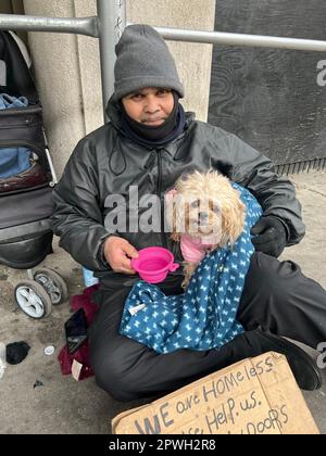 Ein Obdachloser mit seinem süßen kleinen Hund, der um Geld bettelt, um nachts von der Straße schlafen zu können. Midtown Manhaatan. Stockfoto