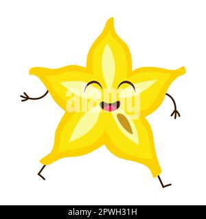 Süße tropische Früchte mit witzigen Gesichtsbildern. Fröhliche und komische tropische Beeren, Essen isoliert auf weißem Hintergrund Stock Vektor