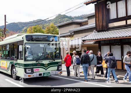 Arashiyama Kyoto, April 2023, öffentliche Verkehrsmittel Bus bringt Touristen nach Arashiyama, um Bambushain und Tenryu-ji Tempel, Japan, Asien zu sehen Stockfoto