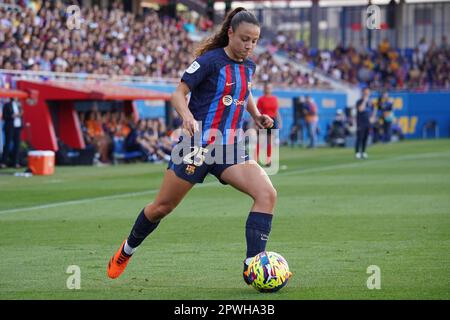 Emma Ramirez vom FC Barcelona während des Spiels La Liga zwischen dem FC Barcelona und dem Sporting Club Huelva spielte am 30. April im Johan Cruyff Stadium in Barcelona, Spanien. (Foto: Carla Pazos / PRESSIN) Stockfoto