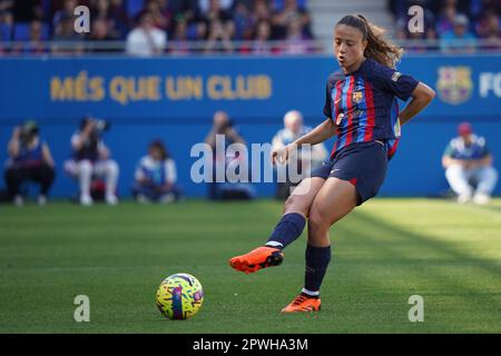 Emma Ramirez vom FC Barcelona während des Spiels La Liga zwischen dem FC Barcelona und dem Sporting Club Huelva spielte am 30. April im Johan Cruyff Stadium in Barcelona, Spanien. (Foto: Carla Pazos / PRESSIN) Stockfoto