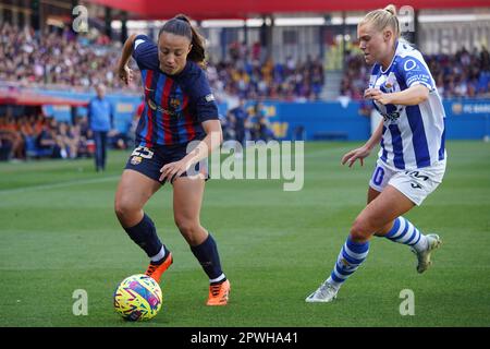 Emma Ramirez vom FC Barcelona während des Spiels La Liga zwischen dem FC Barcelona und dem Sporting Club Huelva spielte am 30. April im Johan Cruyff Stadium in Barcelona, Spanien. (Foto: Carla Pazos / PRESSIN) Stockfoto