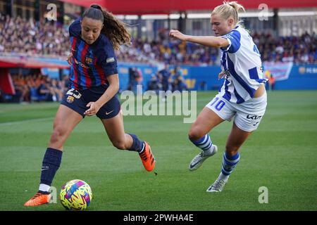 Emma Ramirez vom FC Barcelona während des Spiels La Liga zwischen dem FC Barcelona und dem Sporting Club Huelva spielte am 30. April im Johan Cruyff Stadium in Barcelona, Spanien. (Foto: Carla Pazos / PRESSIN) Stockfoto