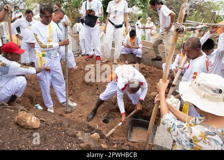 Saraburi, Provinz Saraburi, Thailand. 30. April 2023. Diese männlichen Freiwilligen helfen beim Graben von Gräbern, um menschliche Skelette zu Bergen. Bereiten Sie sich auf eine Verdienstzeremonie vor, die den religiösen Überzeugungen der thailändisch-chinesischen Bevölkerung entspricht, und zwar auf einem Friedhof, Phahonyothin Road, Provinz Saraburi (ca. 90 km nördlich von Bangkok) am Sonntag, den 30. April 2023. Kredit: ZUMA Press, Inc./Alamy Live News Stockfoto