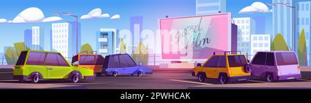 Cartoon-Autokino mit vielen Autos auf der großen Leinwand. Vektordarstellung des Publikums im Auto, das einen Film unter freiem Himmel sieht, Abend in einer Großstadt mit Gebäuden, Bäumen, Straßenlaternen. Romantischer Urlaub Stock Vektor