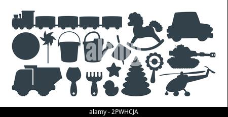 Schwarze Silhouetten von Kinderspielzeug Vektorbildungs-Set Stock Vektor