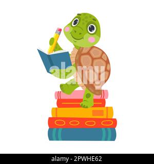 Süßes Tier, junge Schildkröte, die Zeichentrickfilme liest. Intelligente Figur mit isoliertem Lehrbuch auf weißem Hintergrund Stock Vektor