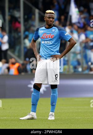 Neapel. 30. April 2023. Victor Osimhen aus Neapel reagiert am Ende eines Fußballspiels der A-Serie zwischen Neapel und Salernitana am 30. April 2023 in Neapel, Italien. Kredit: Str/Xinhua/Alamy Live News Stockfoto