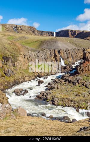 Der Hengifoss-Wasserfall in Island im Hintergrund Stockfoto