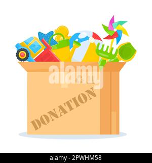 Spendenbox mit Spielzeugen für Kinder, Vektordarstellung Stock Vektor