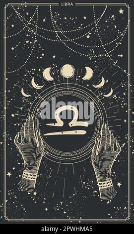 Zodiac-Zeichen Libra Handzeichnung, klassische boho-Astrologie-Karte für Geschichten, schwarzer mystischer Hintergrund mit Sternen, Vektordarstellung nach Linie. Vorlage f Stock Vektor