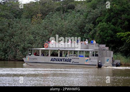 Ausflugsboot, Touristen auf Bootssafari, St. Lucia, St. Lucia Mündung, Isimangaliso Wetland Park, Kwazulu Natal, Südafrika Stockfoto