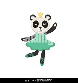 Panda-Cartoon-Figur als Ballerina in grünem Kleid und Krone Stock Vektor