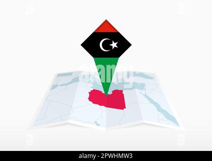 Libyen ist auf einer gefalteten Karte in Papierform abgebildet und mit einer fixierten Positionsmarkierung mit der Flagge Libyens versehen. Gefaltete Vektorkarte. Stock Vektor