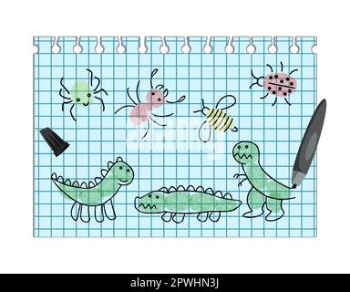 Kindliche Insektenzeichnung und Vektordarstellung von Dinosauriern Stock Vektor