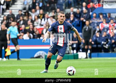 Paris, Frankreich. 30. April 2023. Marco Verratti während des Ligue 1 Uber-Fußballspiels zwischen dem FC Lorient und Paris Saint Germain (PSG) am 30. April 2023 im Parc des Princes Stadion in Paris, Frankreich. Kredit: Victor Joly/Alamy Live News Stockfoto