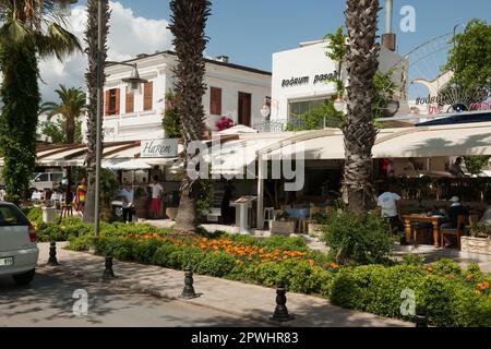 Restaurants an der Hafenpromenade, Palmen, Bodrum, Mugla, Türkei Stockfoto