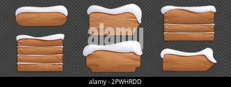 Winterliches Holzschild mit Schneevektorbanner. Weihnachtliches Schild aus Holz für Titeltext und Spielführung. „Holiday Covered Snowy“-Label. Achten Sie auf die Plankendekoration mit realistischer Textur Stock Vektor