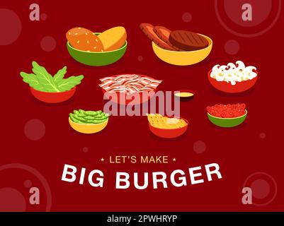 Roter Hintergrund mit Burgerzutaten auf Schüsseln Stock Vektor
