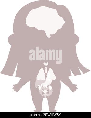 Anatomie des menschlichen Körpers. Weibliche Silhouette mit visueller Struktur innerer Organe. Vektordarstellung. Medizinisches, biologisches Konzept, Kindersammlung Stock Vektor