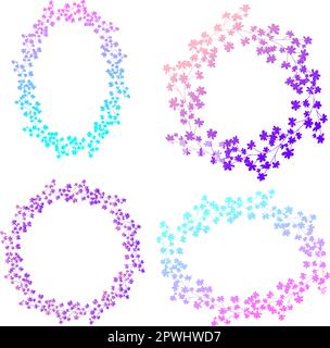 Handgezogener, zarter Regenbogenvektor mit Blumenrahmen, Zweigkränzen und kleinen Blumen mit einem Farbverlauf von Blau und Pink Stock Vektor